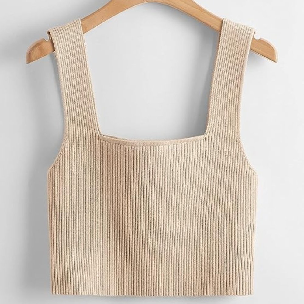 NWT Beige Solid Ribbed Knit Square Neck Crop Tank Top | size L